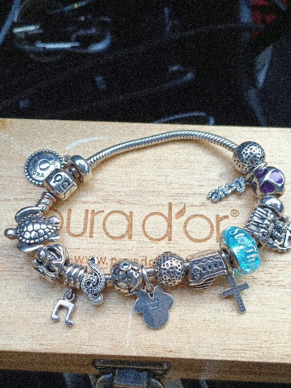 Pandora Silver Charm Bracelet with Turquoise Glass and Purple Enamel Bead